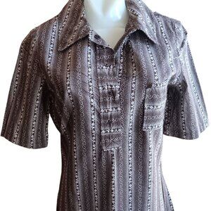 Vintage 1970s Womens Boho Top Small Brown Pullover Psychadelic Print Cotton Sm